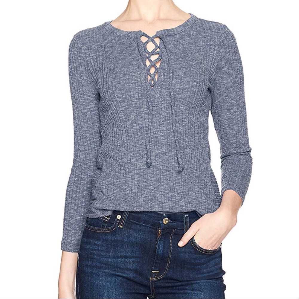 Lucky Brand Women’s Lace-up Rib Top Blue Small